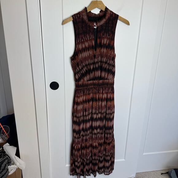 Evereve Greta Midi Smocked High Neck Mesh Printed Dress Size Small - Picture 2 of 7